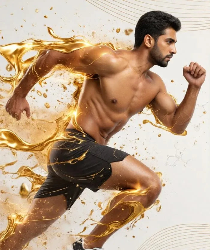 Athlete sprinting through a splash of gold